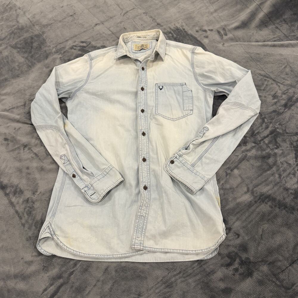 Solly Jeans Co Mens Denim Button Shirt Sz 39 Slim Fit Distressed Retro Workwear